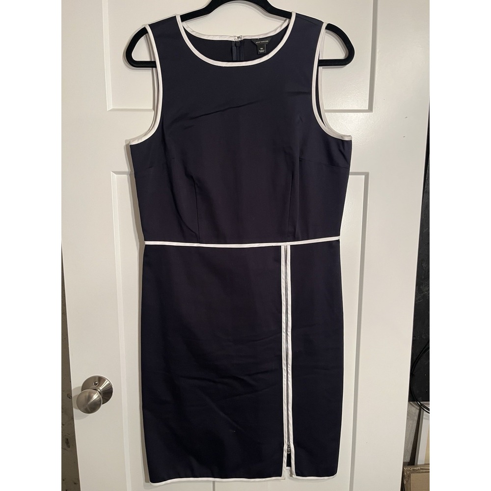 Ann Taylor Navy White Trim Sheath Dress Front Zip Sleeveless Women’s Size 10